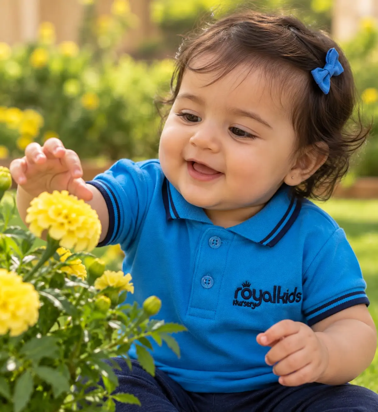 A smiling baby in a Royal Kids Nursery polo reaching for yellow marigolds in the garden